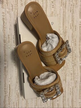 A new day: Women’s Kathleen Raffia Buckle Block Heels. Square toe medium width